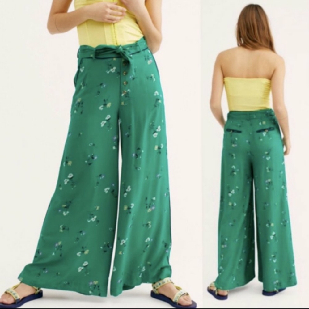 Free People Green Floral Wide Leg Pants